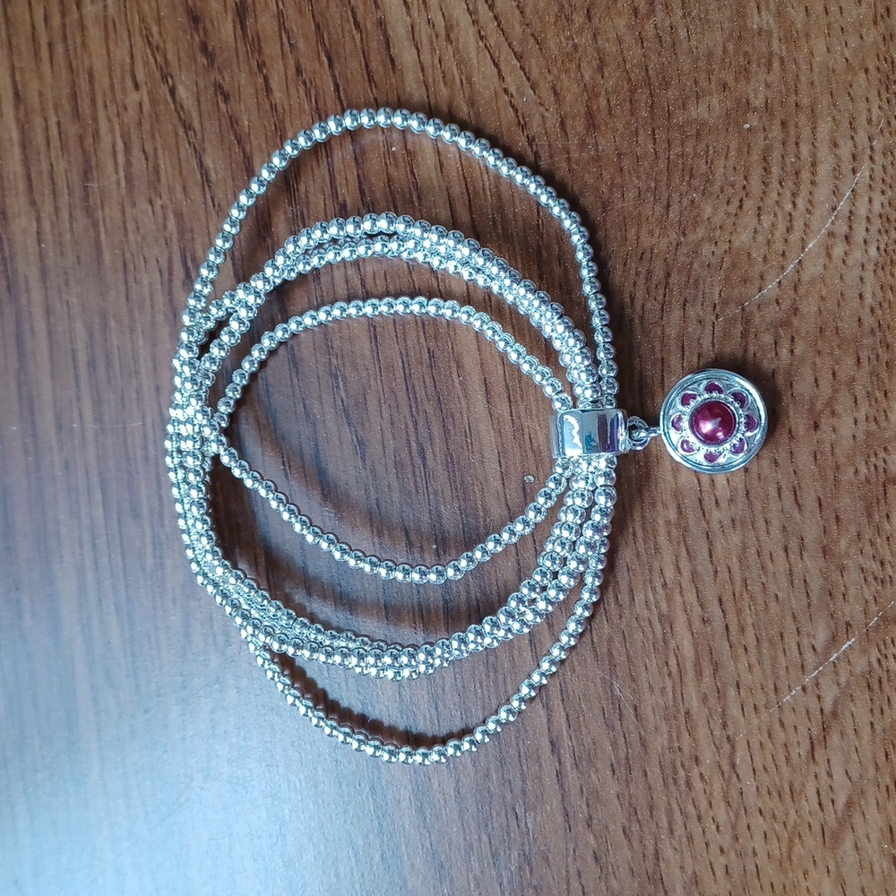 Multi Strand Silver Bead Bracelet with Circle Drop Charm